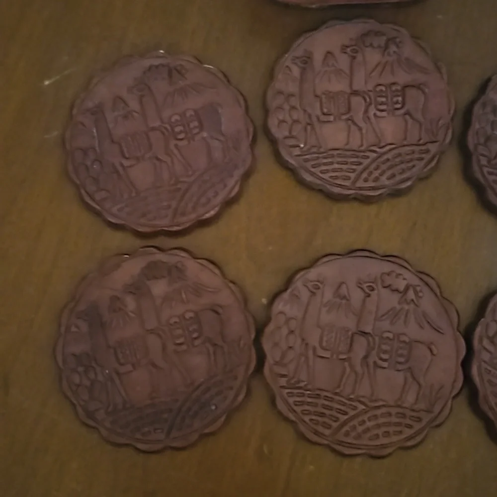 VTG Set of Six Peruvian Camel Hand Tooled Leather Scallop Coaster Set